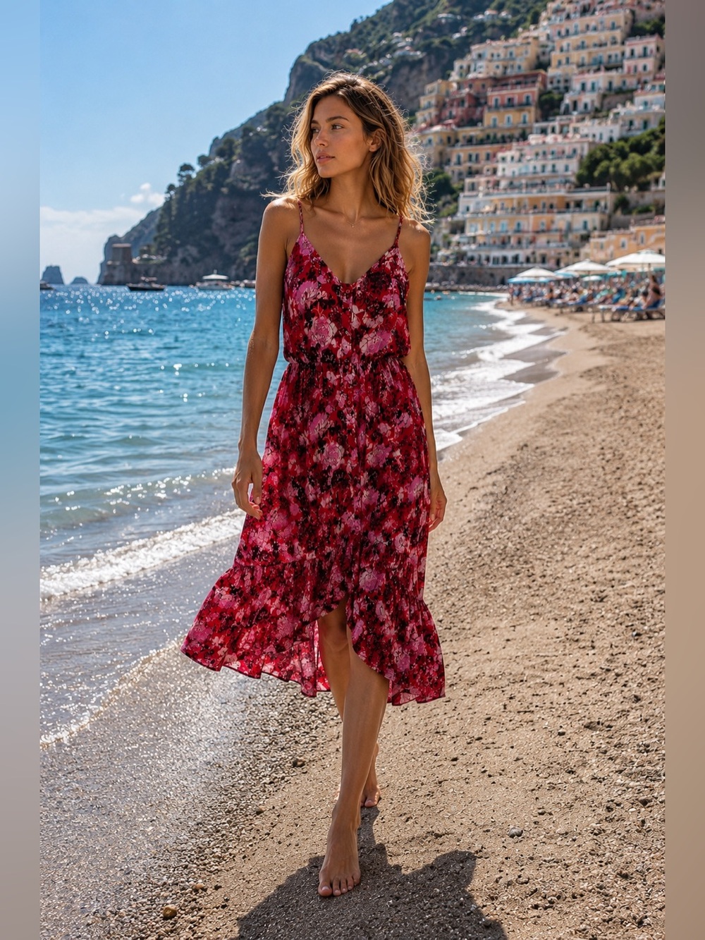 🌷Vero Moda Red Pink Floral Midi Dress🩵